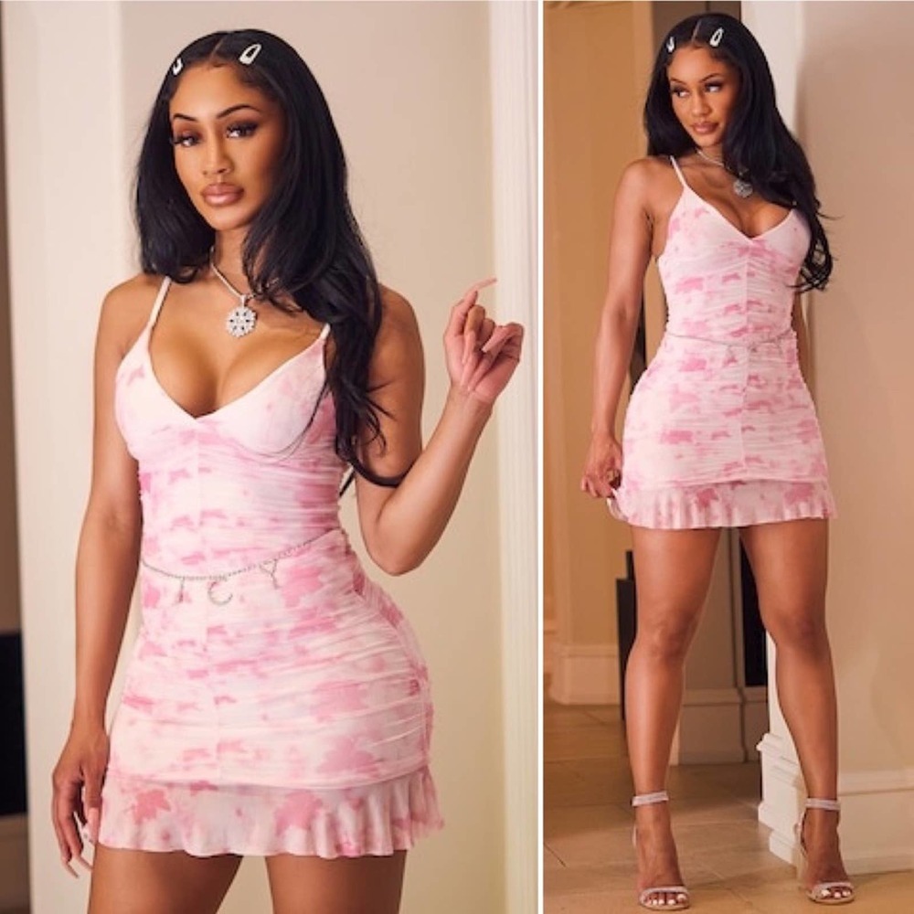 Baby Pink Butterfly Print Ruched Bodycon Dress Size US 10